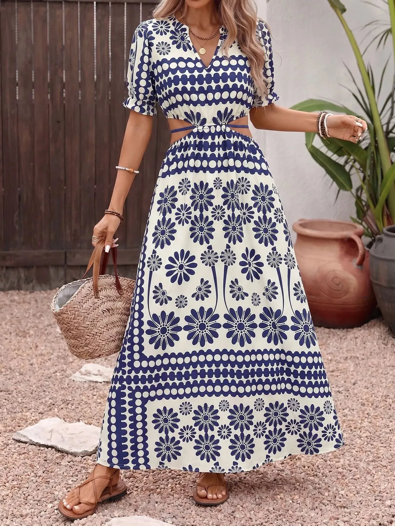 Floral Print Cutout Waist Maxi Dress mysite idetrend