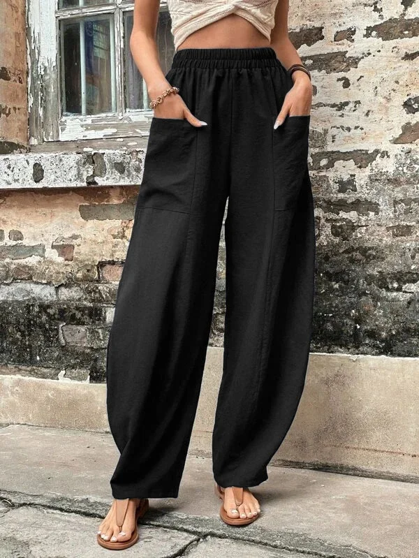 Women's Solid Color Pocket Casual Elastic Pants