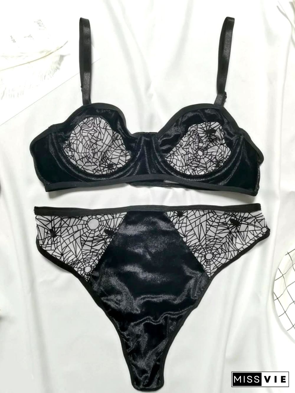 Women Sexy Color Block All Season Pleuche High Waist High Elasticity Holiday 3/4 Cup Adjusted-Straps Bra Sets