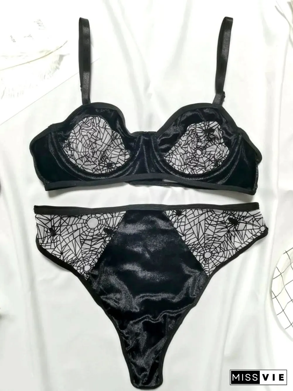 Women Sexy Color Block All Season Pleuche High Waist High Elasticity Holiday 3/4 Cup Adjusted-Straps Bra Sets