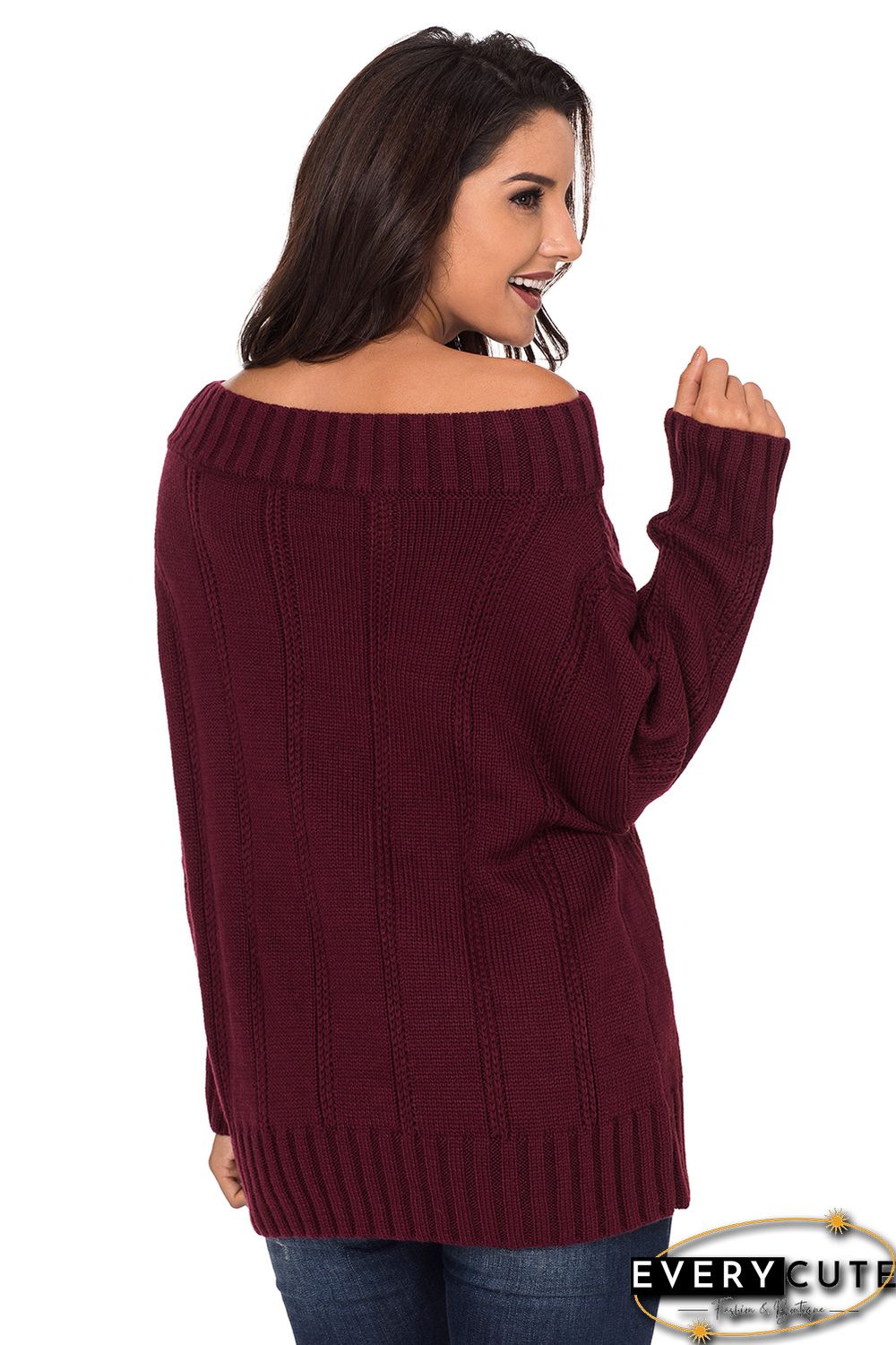 Wine Off The Shoulder Winter Sweater
