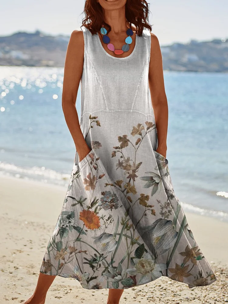 Womens Pocket Pinafore Linen Dress Flower Print