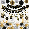 Birthday Decorations, Happy Birthday Banner with Birthday Balloons, Honeycomb Balls, Hanging Swirls, Circle Dots Garland, Happy Birthday Party Decorations for Women Men Boys Girls (Black&Gold)