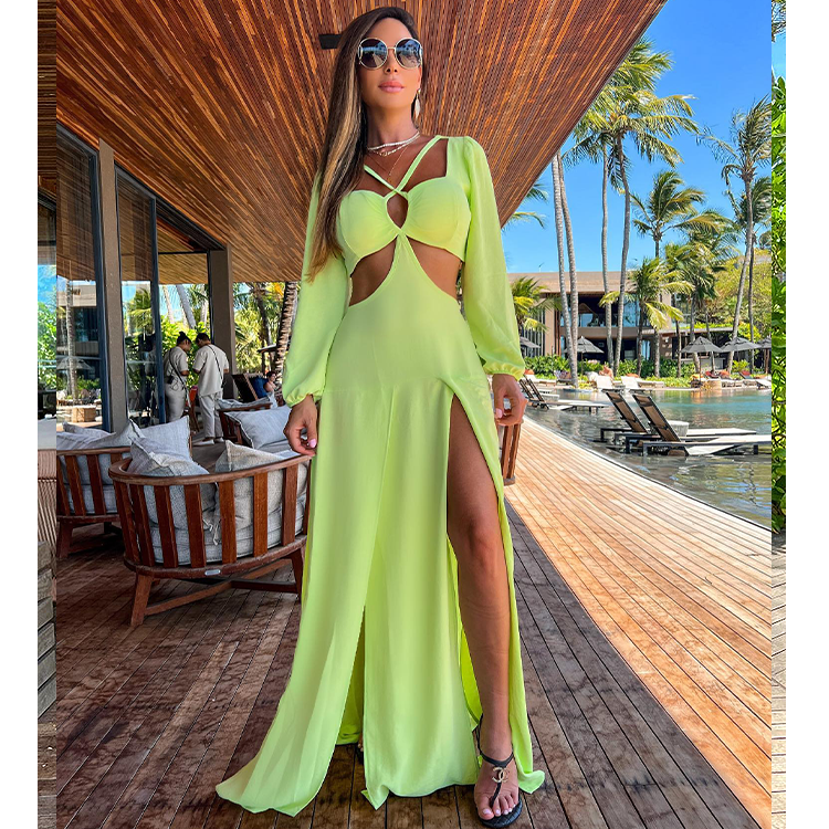 Cutout Long Sleeve Solid Color Dress