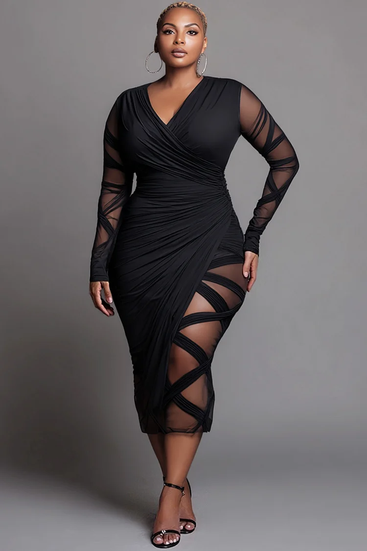 Xpluswear Design Plus Size Party Black Wrap Neck Long Sleeve Bodycon See Through Midi Dresses 2024 - Xpluswear