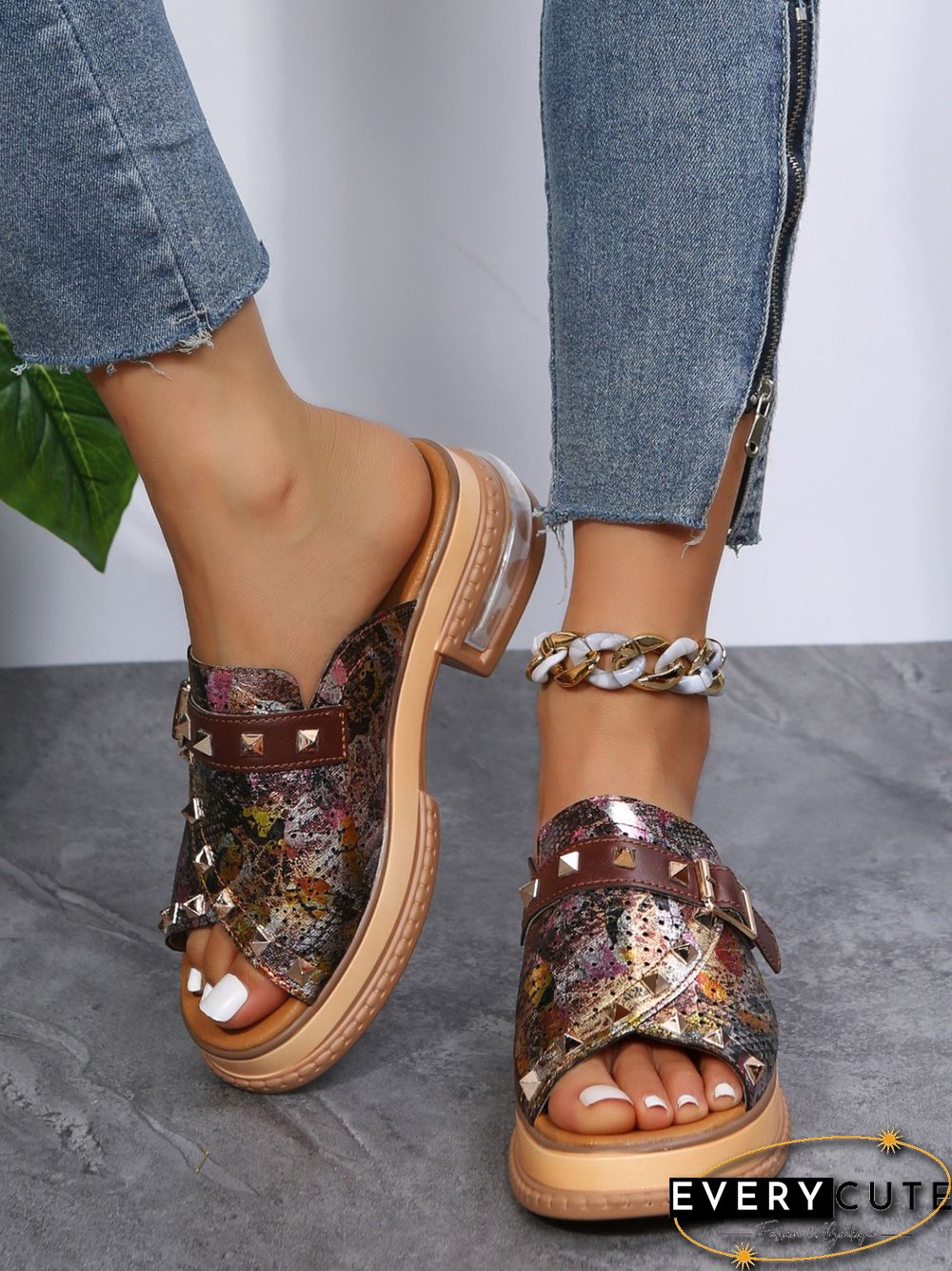 Urban Studded Snake Print Chunky Heel Slippers