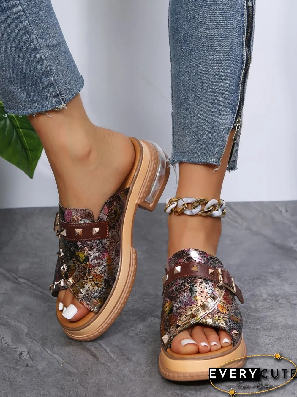 Urban Studded Snake Print Chunky Heel Slippers