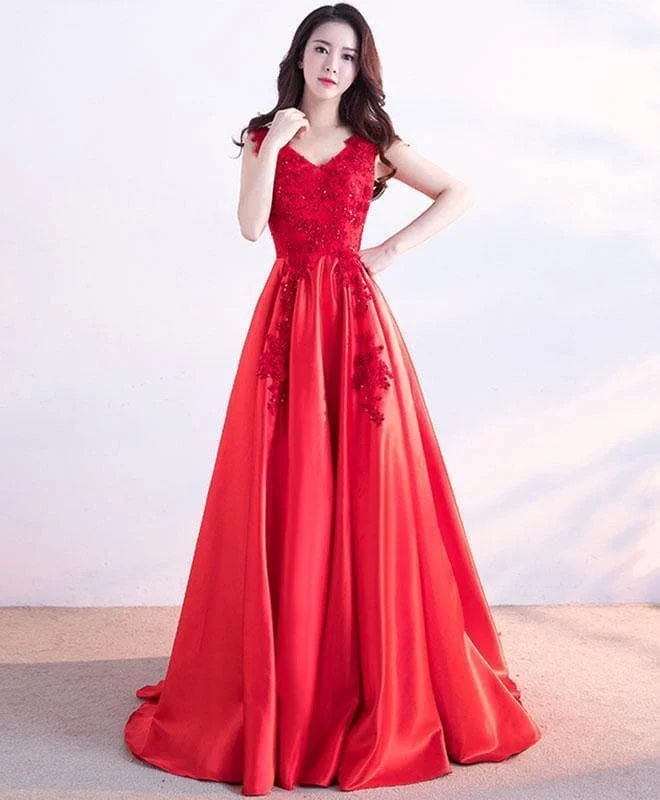 Red V Neck Lace Long Prom Dress, Lac Evening Dress