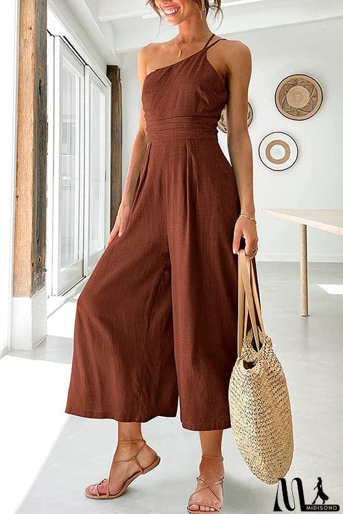 MidiSono - One Shoulder Straps Wide Leg Jumpsuits