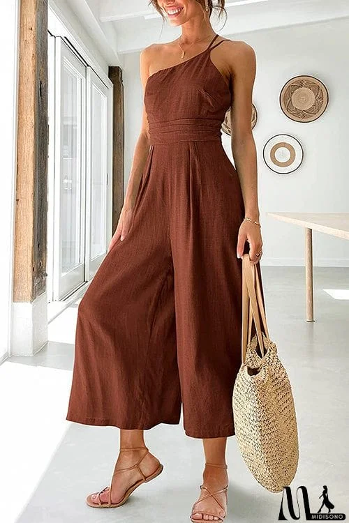 MidiSono - One Shoulder Straps Wide Leg Jumpsuits