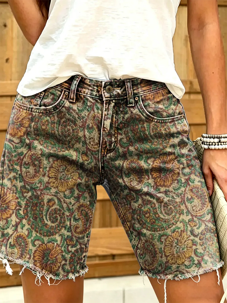 Ethnicity Vintage Paisley Flowers Women's Art Print Casual Denim Shorts