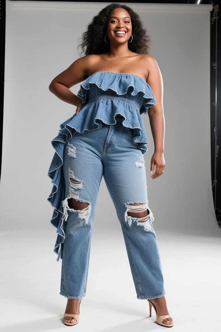 Xpluswear Design Plus Size Party Blue Ruffle Casual Distressed Denim Two Piece Pant Sets [Pre-Order]