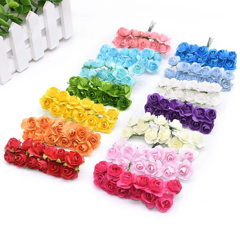72/144pcs Artificial Flower Mini Cute Paper Rose Handmade For Wedding Decoration DIY Wreath Gift Scrapbooking Craft Fake Flower