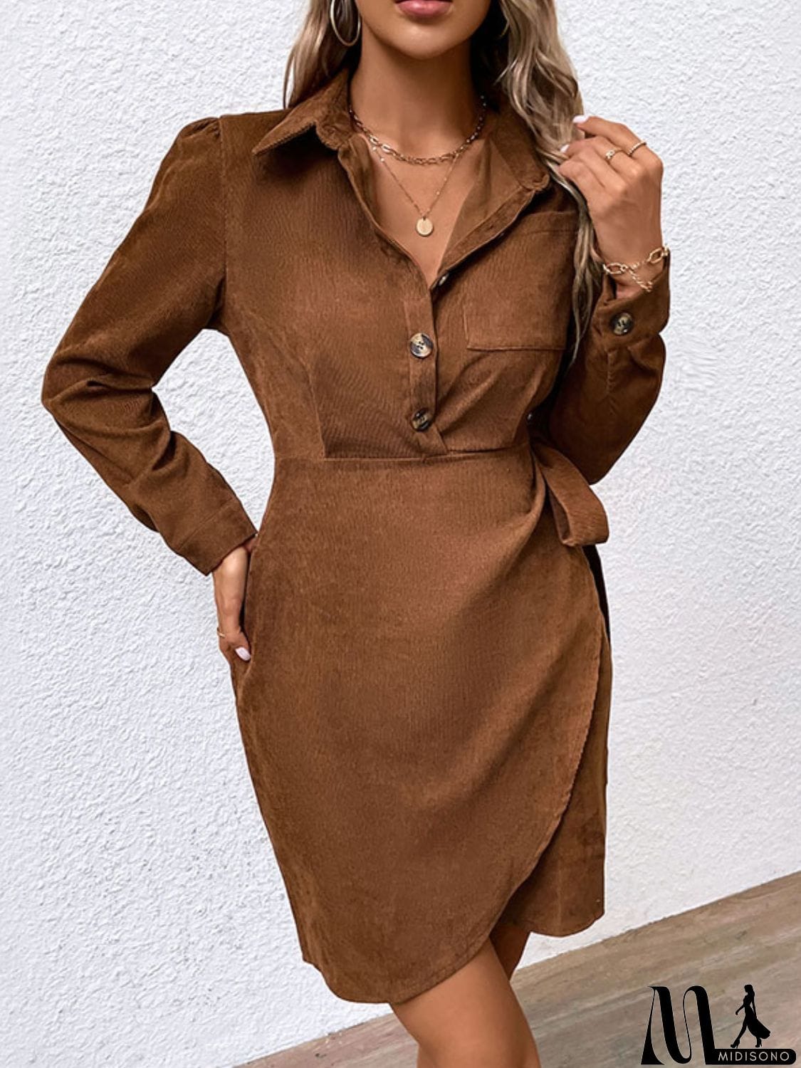 MidiSono - Button-Down Collared Neck Long Sleeve Side Tie Dress