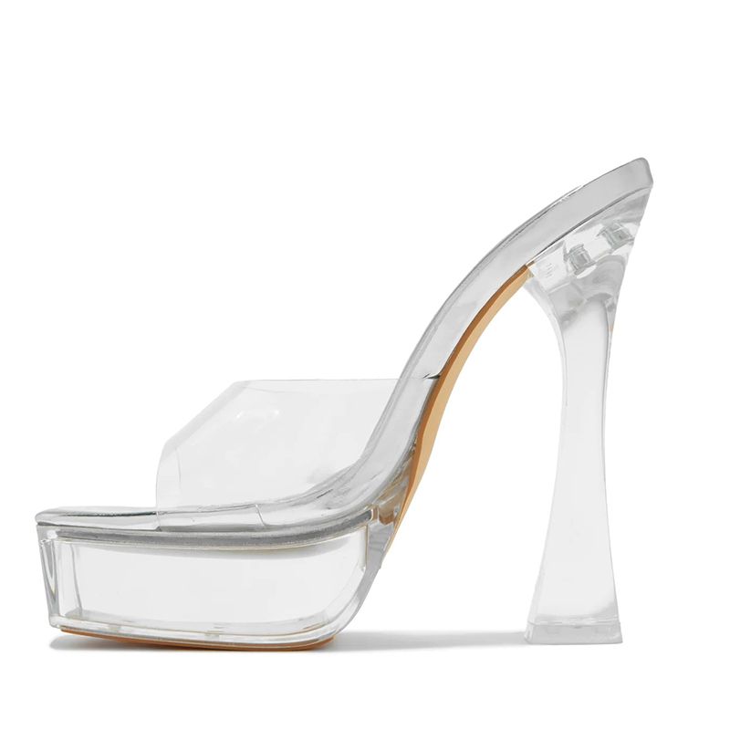 Women's Silver Open Square Toe Transparent Platform Mule Heels