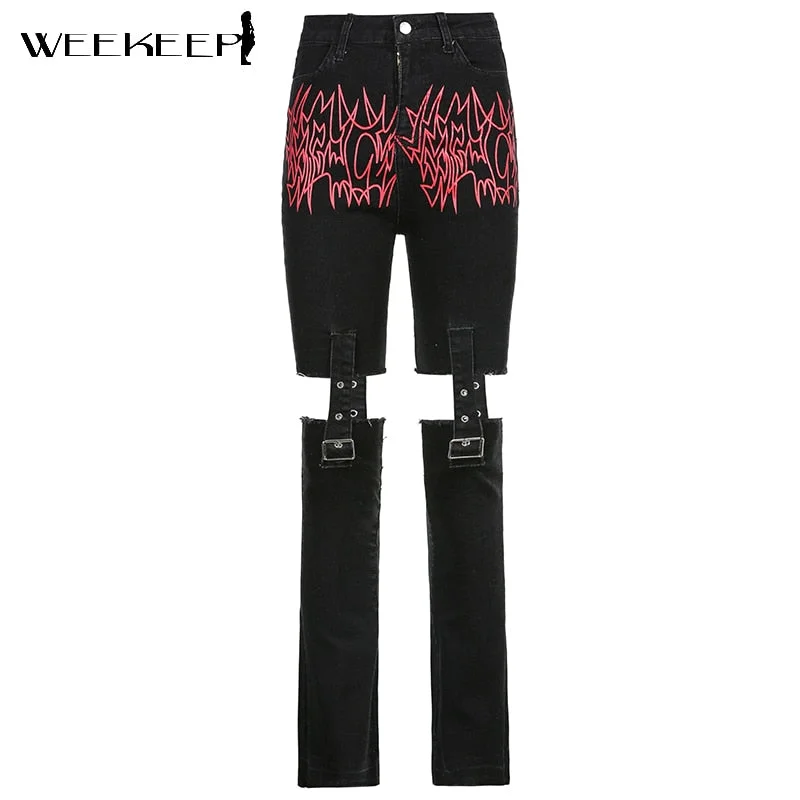 Weekeep Gothic Print Cut Out Blcak Jeans Women High Waist Denim Long Pants Summer Vintage 90S Harajuku Streetwear Punk Trousers