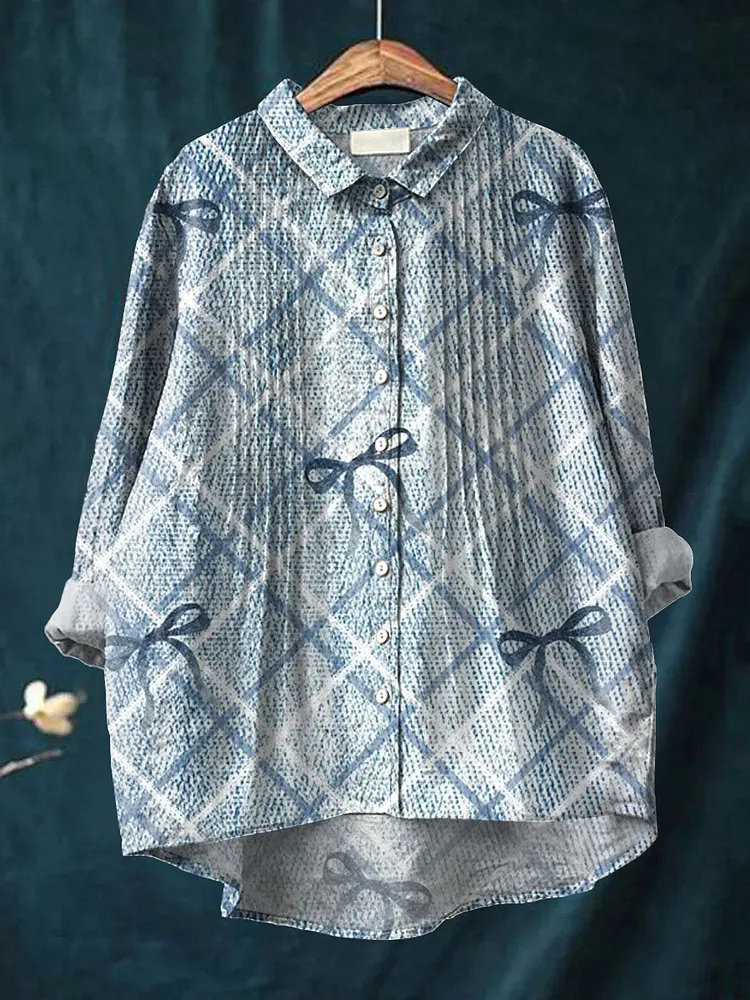Women's Vintage Bow Pattern Art Print Casual Cotton And Linen Ruffle Shirt