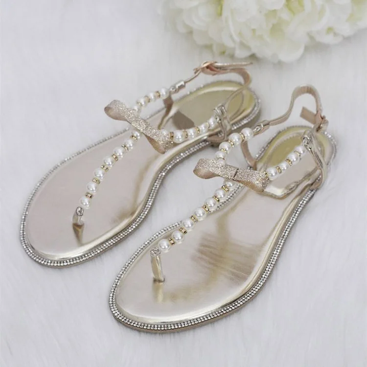 Champagne Pearl Flat Sandals Flip Flops Thong Sandals |FSJ Shoes