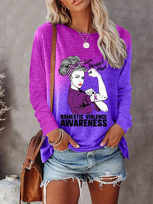Purple Domestic Violence Awareness No Domestic Violence Printed Long Sleeve T-Shirt