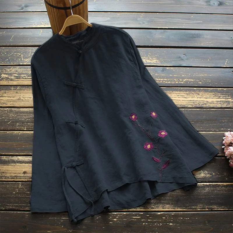 ZANZEA Women Vintage Floral Embroidery Blouse Summer Long Sleeve Buttons Shirt Casual Loose Blusas Chemise  Tops Tunic