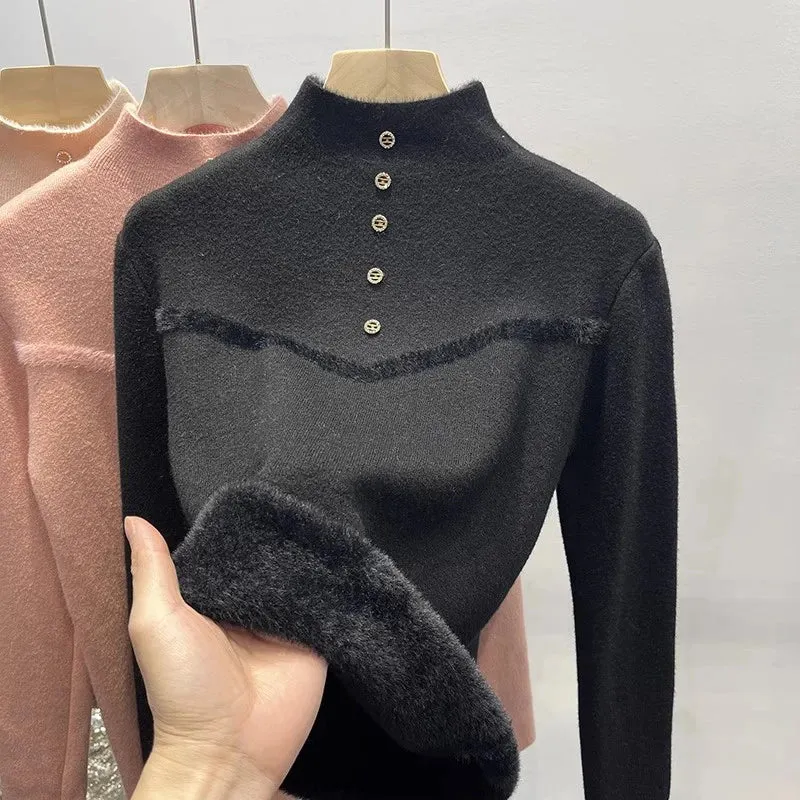 Women's Polyester High-Neck Long Sleeves Solid Pattern Sweater
