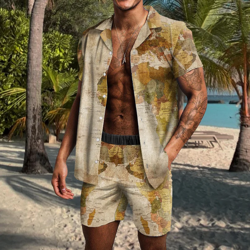 Men's Map Print Shirt Two Piece