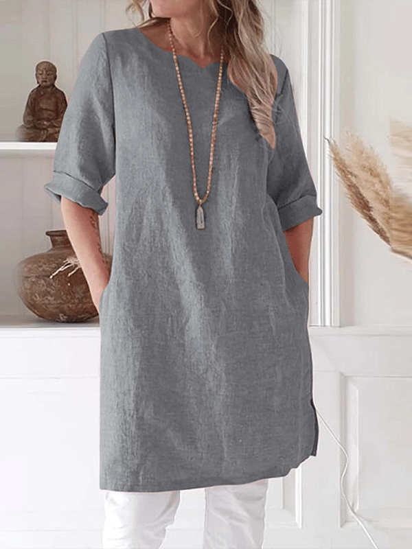Women's Solid Cotton Linen Round Neck Seven Sleeve A-line Skirt