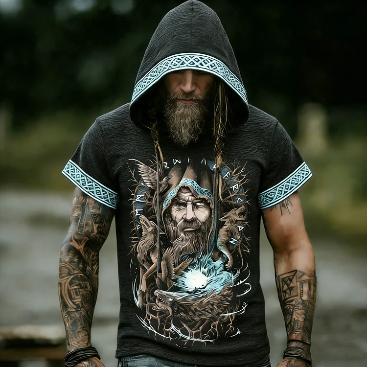 Odin Viking Mythology God Printed Linen Hooded T-shirt