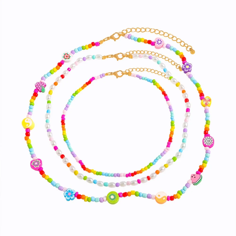 Dvacaman Boho Colorful 2pcs/set Beads Chain Necklace Trendy Ethnic Multi Layer Beaded Choker Necklace for Women Party Jewelry