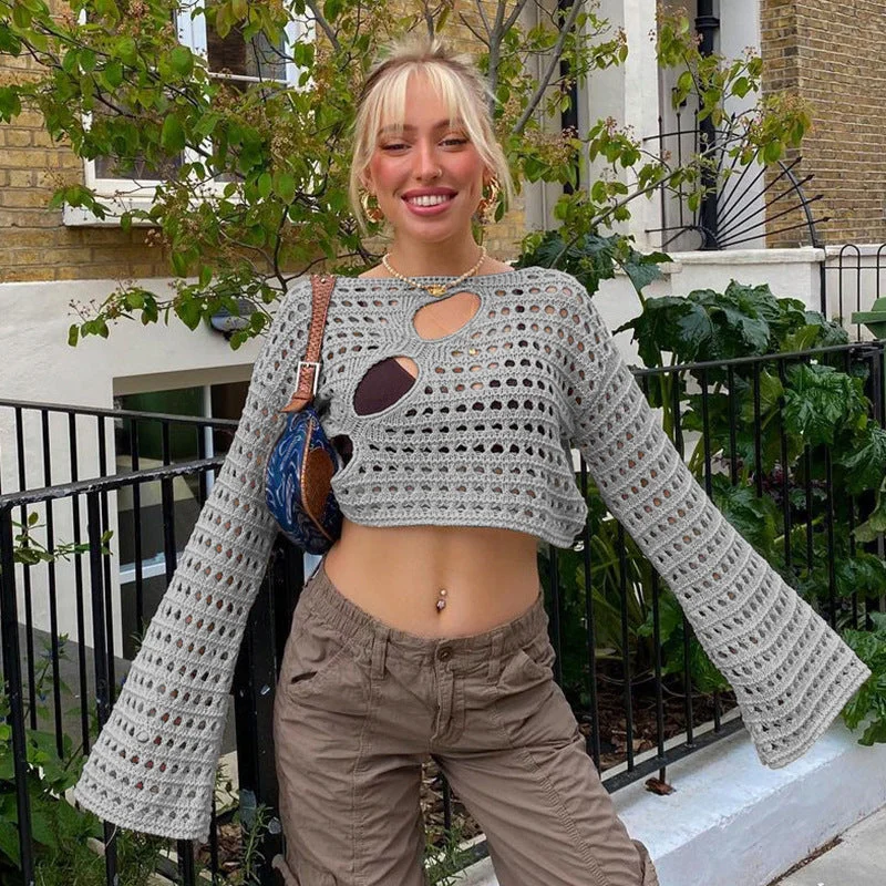 Brownm Neck Summer Girl Fashion Sexy Irregular Ripped Hollow-out Knitted Blouse