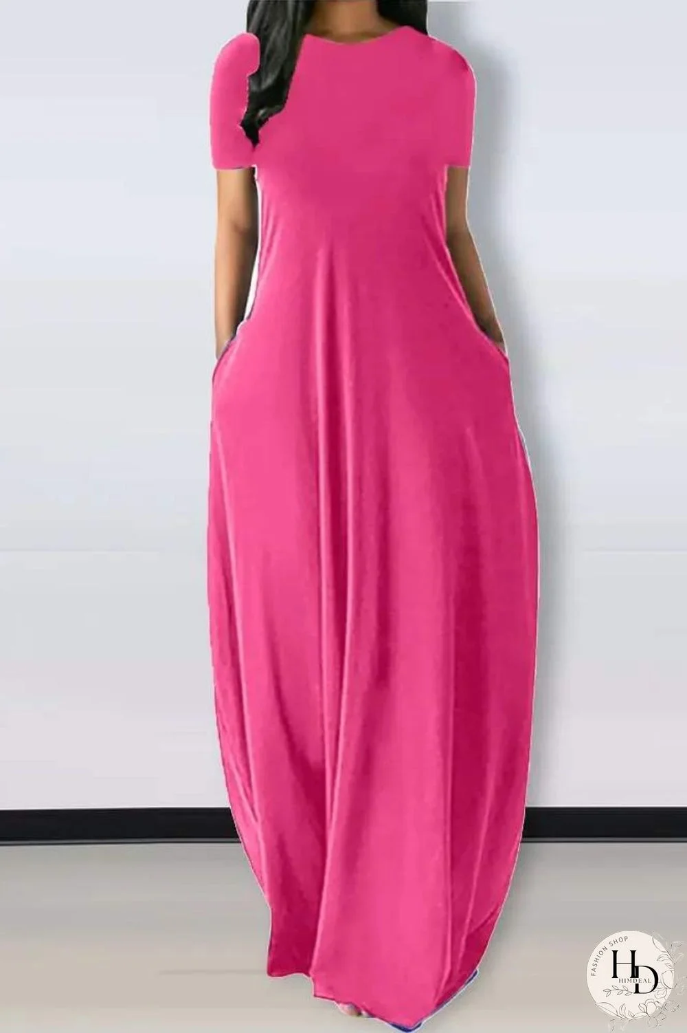 Pink Casual Solid Basic O Neck Short Sleeve Dress Dresses