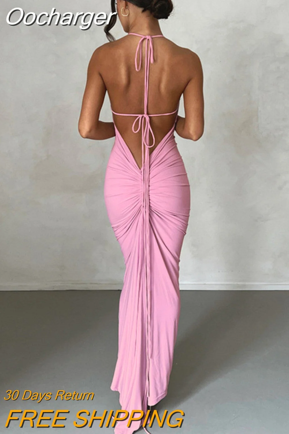 Oocharger Spaghetti Strap Backless Ruched Maxi Dress For Women Robe 2023 Sleeveless Wrap Hip Bodycon Party Long Dress Vestidos