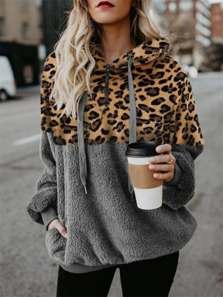 New Autumn and Winter Women's Sexy Leopard Print Zipper Pocket Top Plush Hooded Sweatshirt Womens-Cosfine