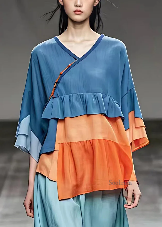 Organic Blue V Neck Ruffled Patchwork Shirts Bracelet Sleeve