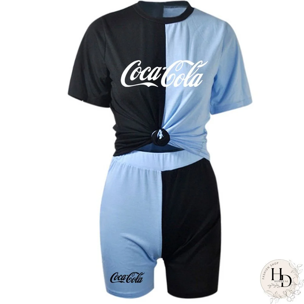 New Women Patchwork Sporting Casual Two Piece Set Short Sleeve Tee Top Biker Shorts Above Knee Pants Suit Tracksuit Outfits