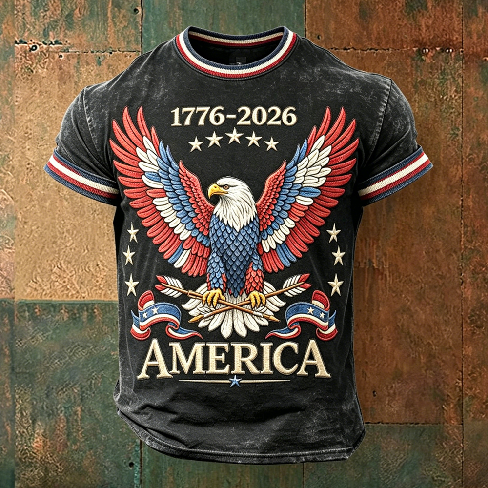  Men's 1776-2026 American Eagle Vintage Washed T Shirt Westsshops