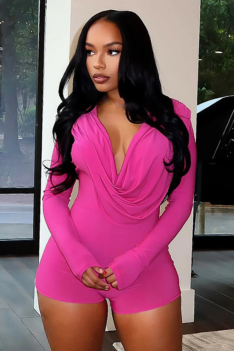 Solid Color Cowl Neckline Long Sleeve Slim Fit Playsuit Romper-Pink