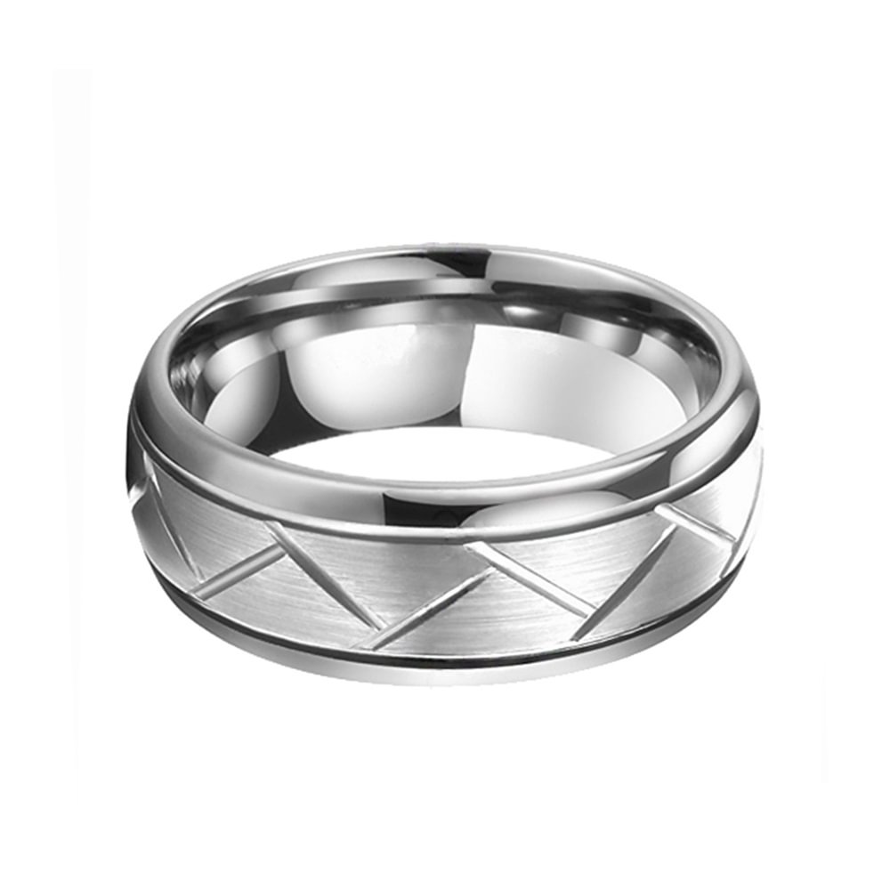 8MM Mens Silver Domed Grooved Tungsten Ring Brushed Wedding Band