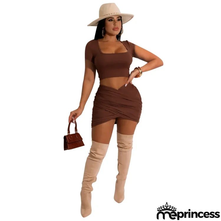 Women Summer Sexy Solid Crop Top And Mini Dress Two Piece Set