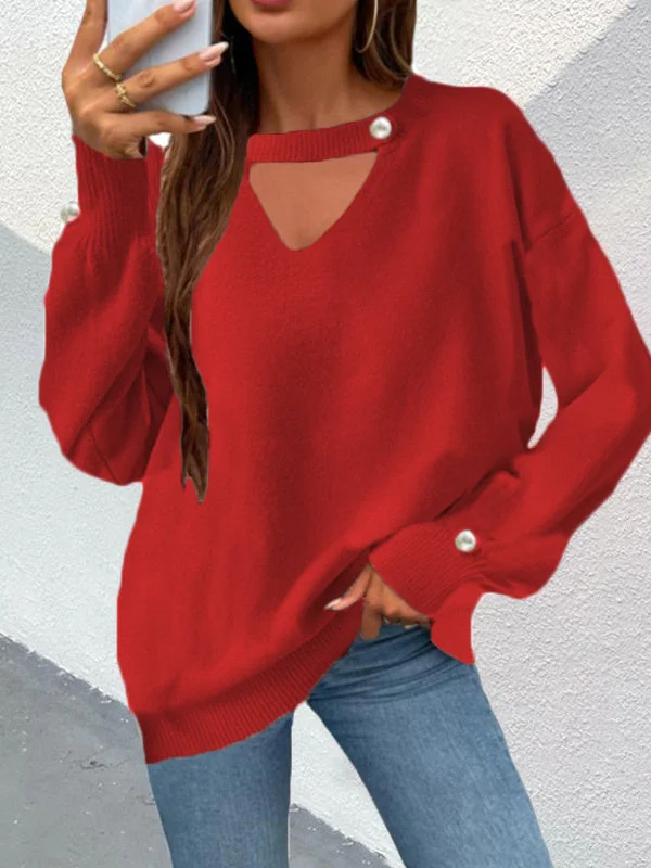 Women Long Sleeve Scoop Neck Solid Button Knit Sweater Top