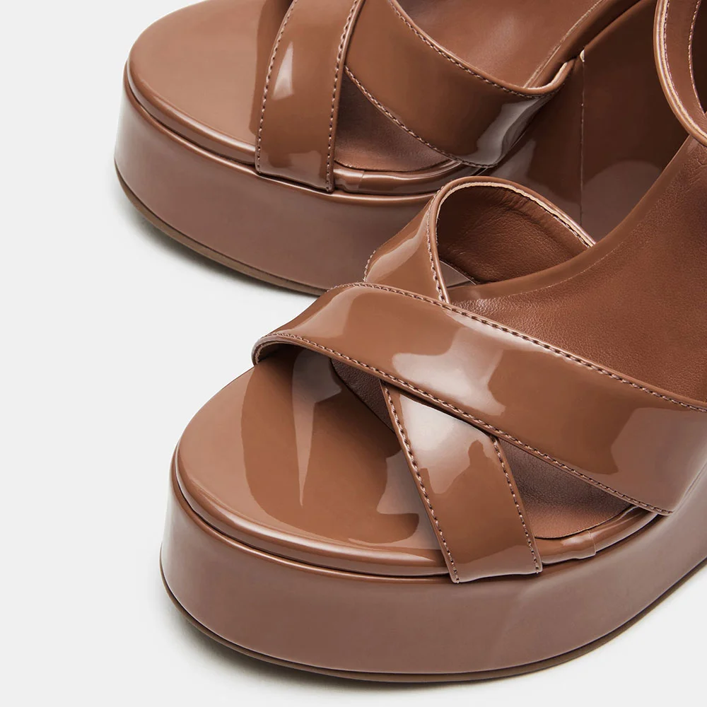 Brown Open Round Toe Wedge Heel Platform Sandals with Ankle Strap