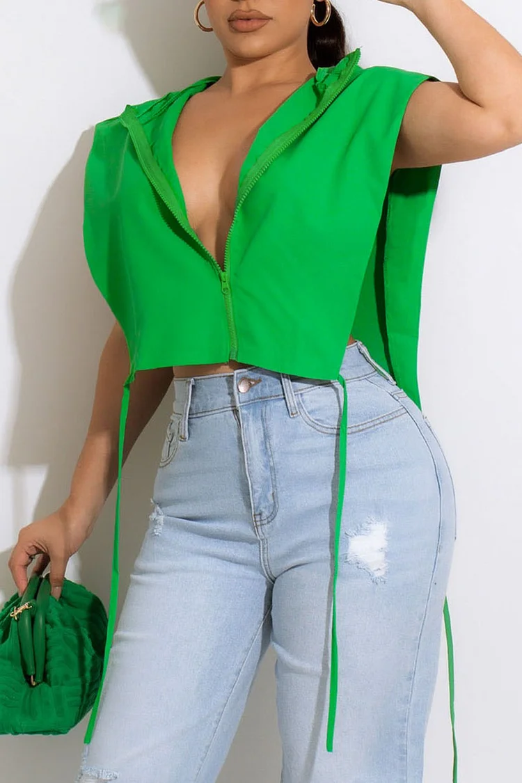 Green Casual Street Solid Bandage Hollowed Out Split Joint Hooded Collar Tops