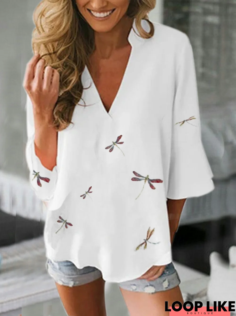 Printed  3/4 Sleeve V Neck Tops