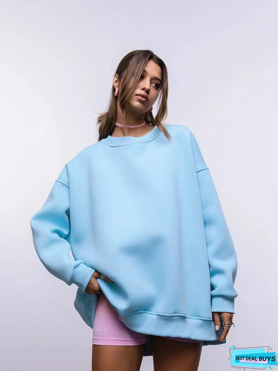 Women's Color Round Neck Winter Polar Fleece Brushed Sweaters