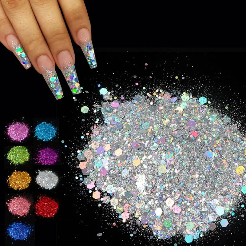 50G Big Bag Nail Sequins Big Hexagon Hybrid Laser Nail Sequin Glitter Nail DIY Decoration Nail Salon Supplies Tools