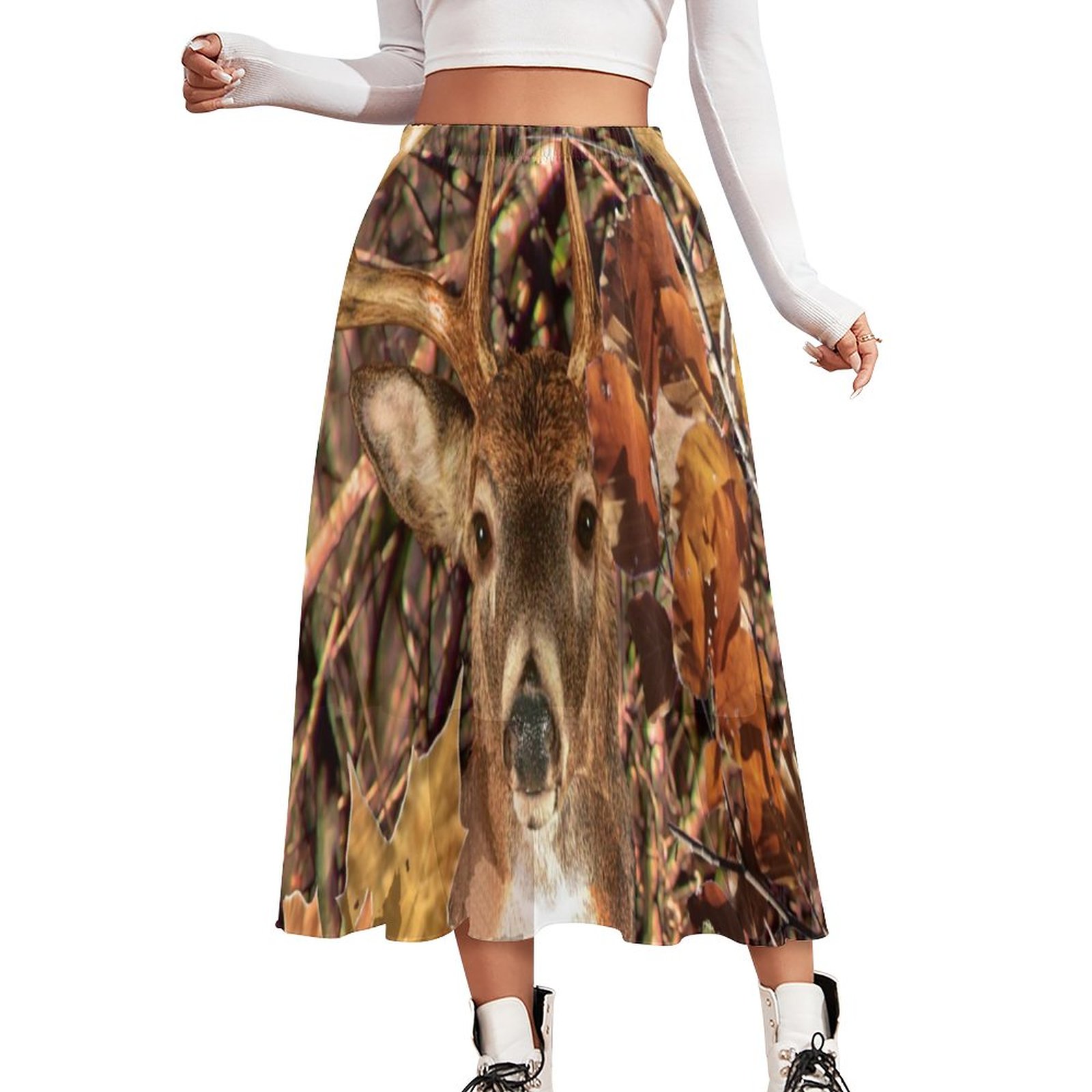 White Tail Deer Head Fall Energy Spirited On A Double-Layered High Waist Midi Chiffon Skirt