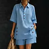Women's Elegant Plus Size Solid Color Short-Sleeve Shirt Loose Pants Two-Piece Set