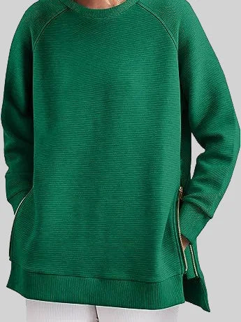 Women's Zipper Stitching  Solid Color Scoop Neck Long Sleeve Top