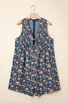 Women's Blue Retro Design Floral Print Bow Tie Pleated Loose Denim Romper