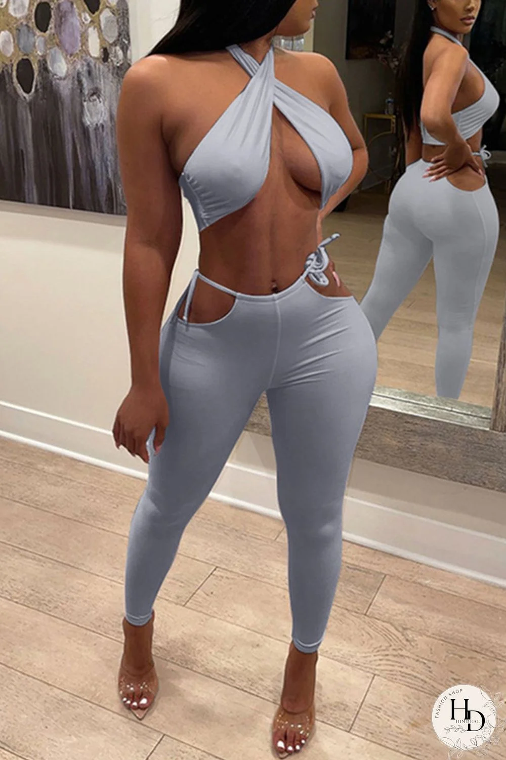 White Fashion Sexy Solid Backless Halter Sleeveless Two Pieces